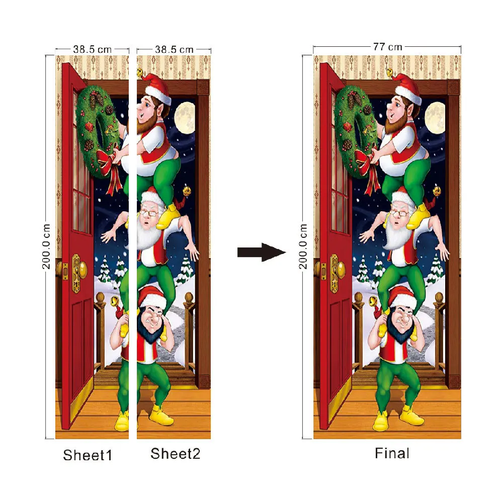 Рождественская декоративная 3D дверная Фреска, наклейка Санта Клаус, настенная художественная, домашний декор, самоклеющаяся Наклейка на стену, отклеивающиеся обои