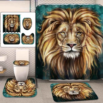 

Waterproof Shower Curtain Anti-skid Bath Rugs Carpet Toilet Lid Cover Bath Mat Bathroom Decor 3D Shower Curtain Set Lion Style