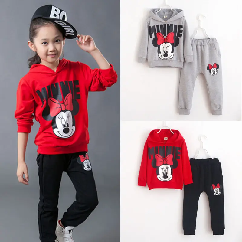 2pcs Toddler Kids Girls Minnie Cartoon hoodie Tops pants Kids Clothes Set 