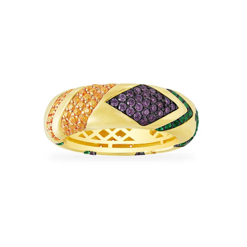 Baoyocn Luxury 925 Sterling Silver Yellow Gold Color Multicolor Large Tribal Finger Ring Paved Geometric Shapes Stones for Women | Украшения