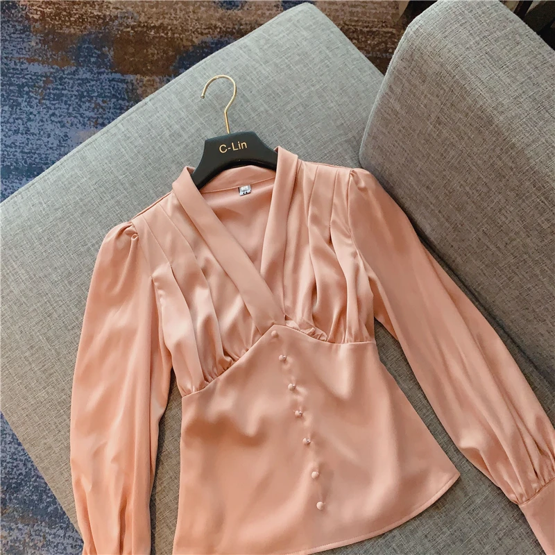 

Lady's Tops 2020 Spring Autumn New Satin Long Sleeve Chiffon Blouse Women V Neck All-match Basic Blouses Tops Blusa Feminina