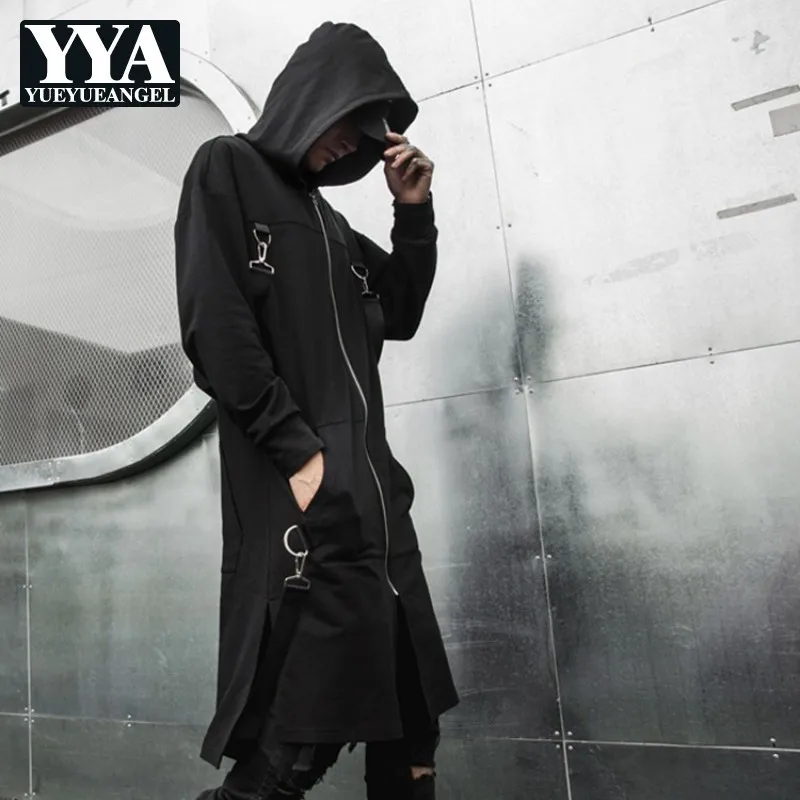 

Gothic Mens Black Dark Series Mens Long T-shirt Hoody Zipper Stage Show Tops Tees Male Long Sleeve Back Straps Outwear T-shirts