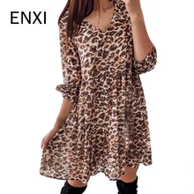 ENXI леопардовые мини платья для беременных лето осень длинный рукав платье для беременных мода v-образный вырез Одежда для беременных платье