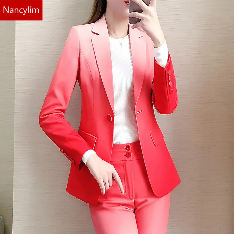 

Small Suit Jacket Slim High Wait Button Pants Bussiness Women Blazer Suits New Gradient Blue Office Ladies OL Clothes Sets 4XL