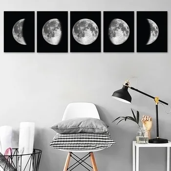 

5pcs Bedroom Black And White Moon Phases Decorative Painting Canvas Office Unframed Home Living Room Abstract Wall Decor Lunar