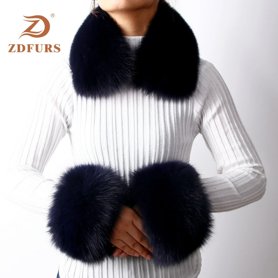dark blue ZDFURS* женские манжеты из натурального Лисьего меха/меха енота зимние толстые теплые модные манжеты из натурального меха с квадратным воротником один комплект - Цвет: dark blue