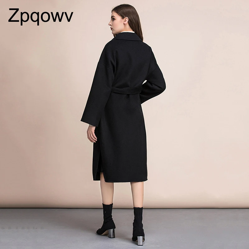 Zpqowv Женская куртка зимнее пальто шерстяное пальто осеннее Женское зимнее плотное шерстяное Черное длинное негабаритное шерстяное пальто банный костюм
