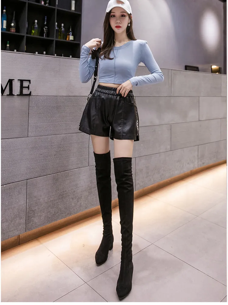 swimming shorts black latters Leather Shorts Women High Quality Wide Leg Faux Leather Shorts High Waist Shorts For Women Autumn Loose PU Shorts khaki shorts