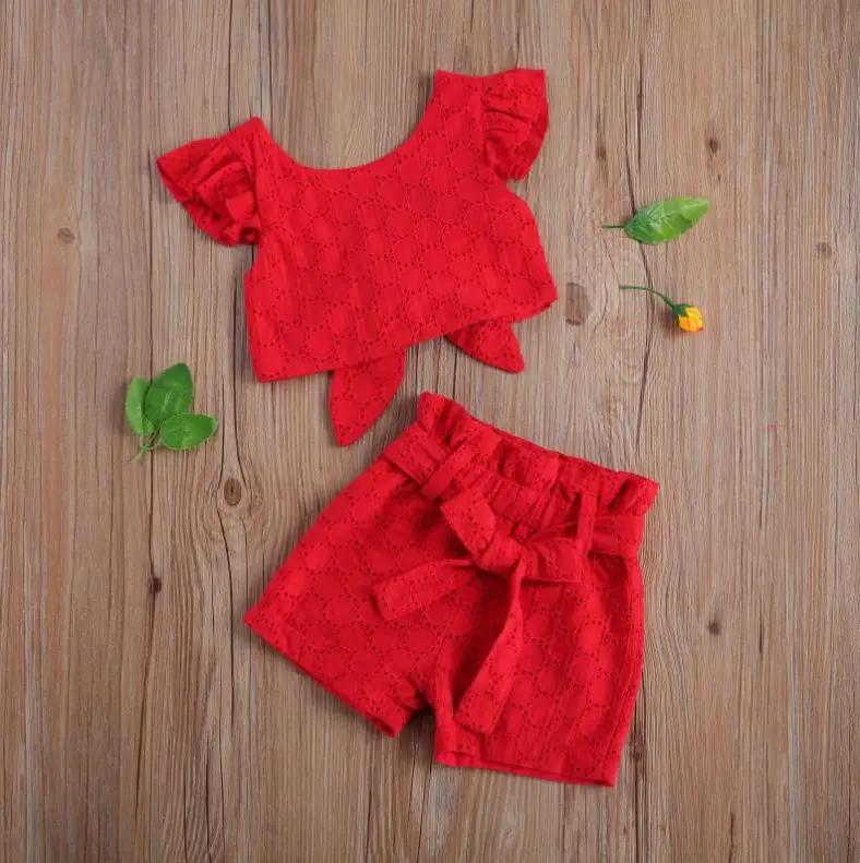 Kids girls clothing set t shirt Children Kids Summer Clothing Set Jacquard Flying Sleeve Backless T-shirt Shorts Two-piece Suit Lace Girls Clothes Set
