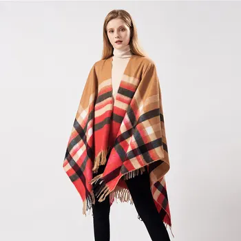 

New 2019 Ponchos Caps for Women Winter Scarf Blanket Simple Stripe Shawls and Wraps Thicken Tassels Pashmina Ladies Winter Cloak