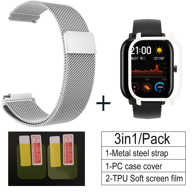 3в1 металлический ремешок для Amazfit GTS, чехол-браслет для Huami Amazfit GTS, защитная пленка для экрана, бампер, аксессуары - Цвет: silver-white