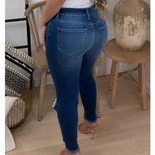 Wepbel – pantalon en Denim pour femmes, déchiré, décontracté, bleu, jean délavé, couleur unie, taille haute, été 