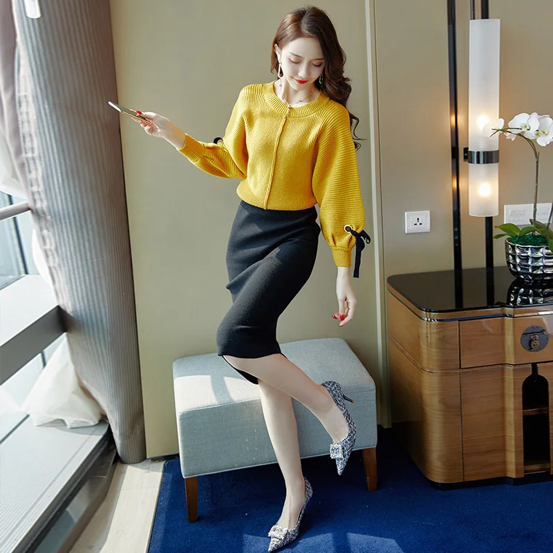 

Sweater Set 2019 Autumn Fashion New Style Thick Tops Midi-skirt Fresh And Sweet Two-Piece Set Wholesale 9097