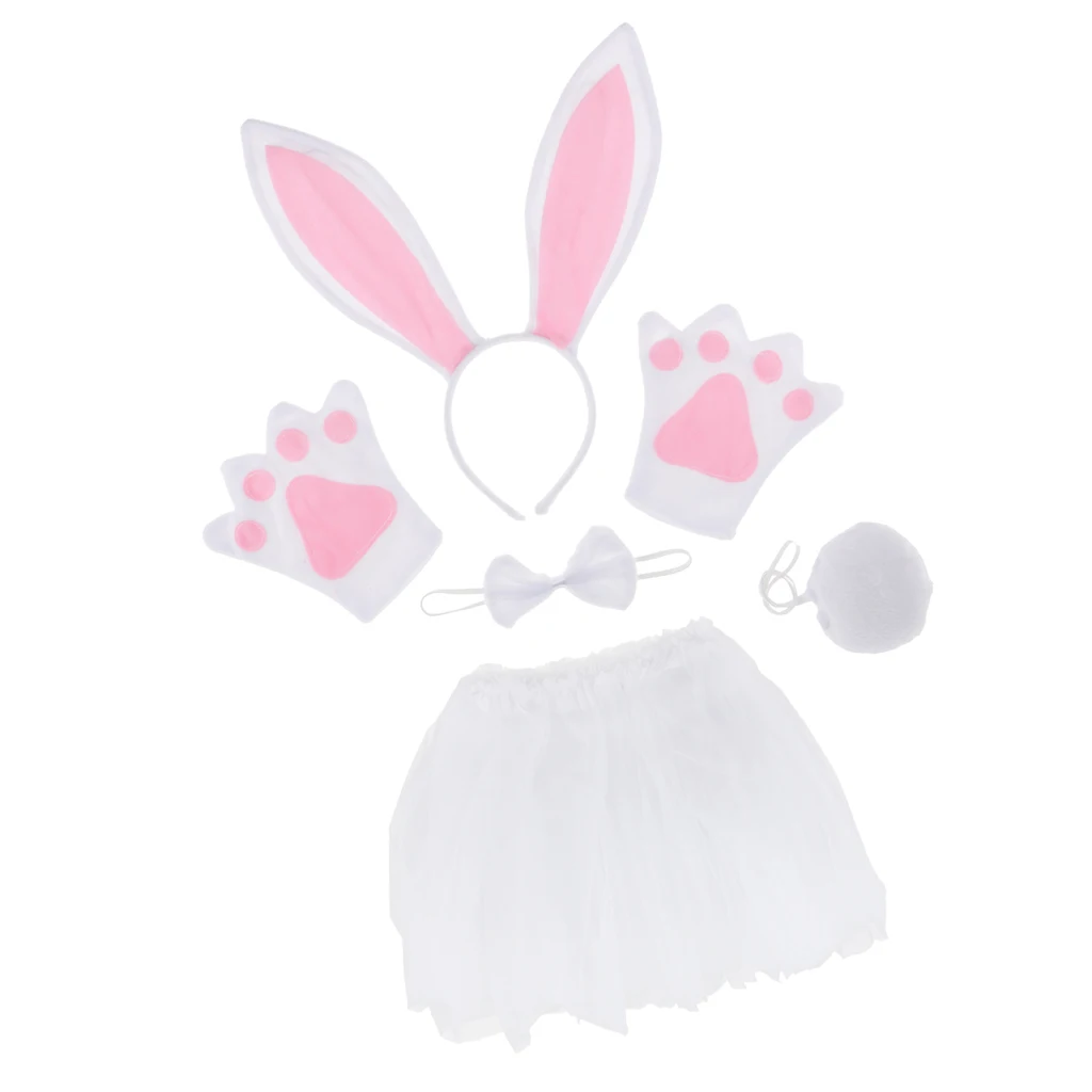 White Bunny Headband Skirt Bowtie Paw Tail Set Fancy Dress Kid Adult ...