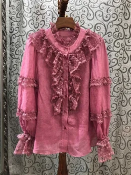 

2020 Spring Summer Fashion Blouse Shirts Women Hollow Out Lace Ruffle Patchwork Long Sleeve White Purple Shirt Cotton Linen Tops
