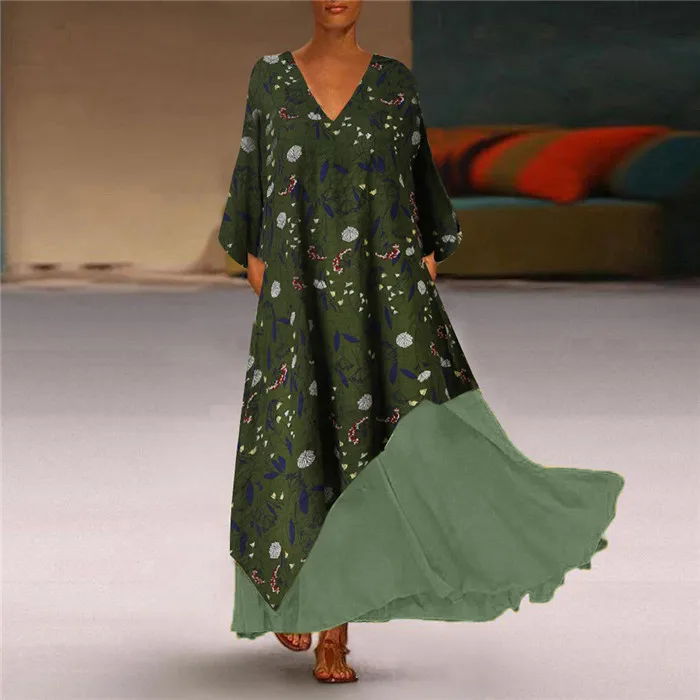 Green Большие размеры 5XL, льняные женские длинные платья, Boho, v-образный вырез, длинный рукав, пэчворк, этническая осень-зима, Пляжное женское стильное платье - Цвет: Green