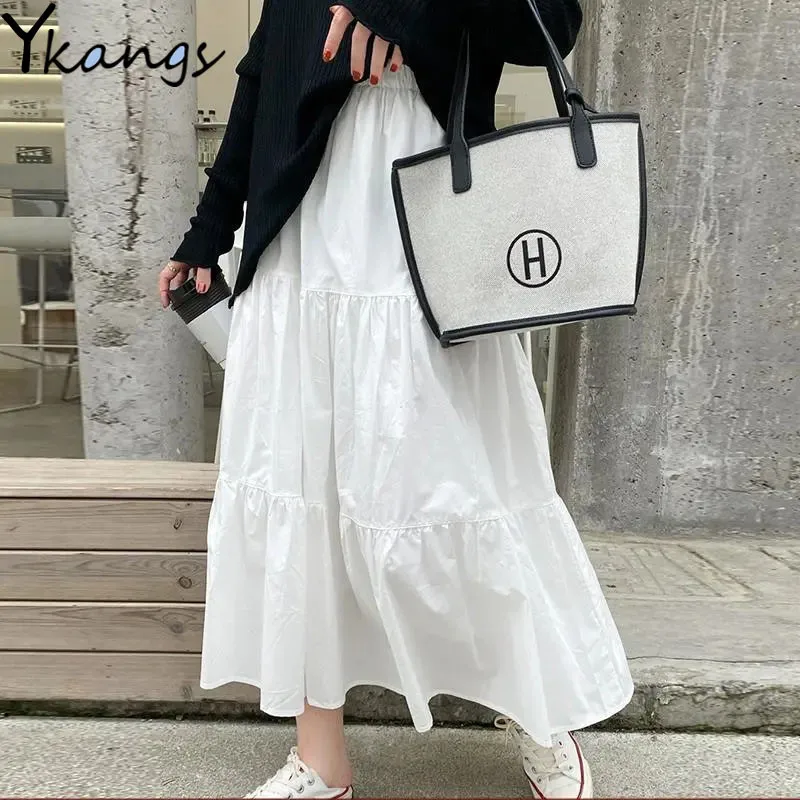 

White Summer Women Midi Skirts 2021 Black elastic High Waist Pleated Skirts Female Saias Korean Ulzzang Long Skirts Streetwear