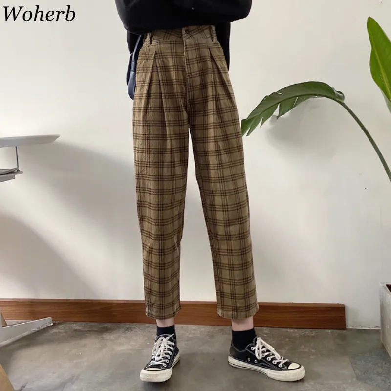 Woherb/вельветовые клетчатые брюки с высокой талией; женские винтажные свободные брюки длиной до щиколотки; женские повседневные уличные модные брюки; Новинка 91341