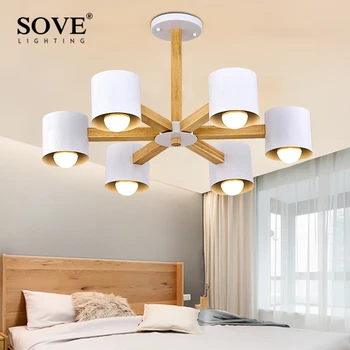 

Modern Nordic 220V LED Wood Chandelier For Living Room Modern Wooden White Lustres Foyer Chandelier Lighting With Iron Lampshade