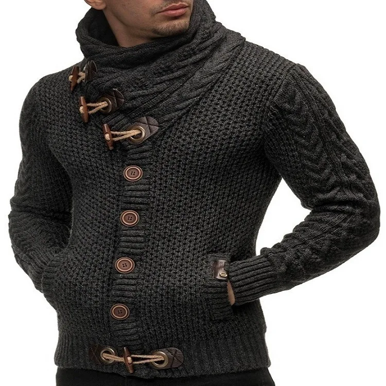 Осенне-зимний мужской свитер, повседневный однотонный, размера плюс, тонкий, с воротником-хомутом, с длинным рукавом, на пуговицах, вязаный мужской свитер, топы, дикие - Цвет: Темно-серый