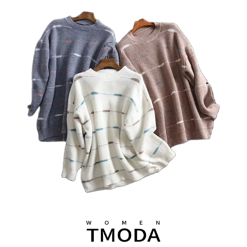 TMODA 2021 Za Autumn Winter Loose Casual Sweater Patch Work Pull Femme Knitted Pullover Long Sleeve Top Women | Женская одежда