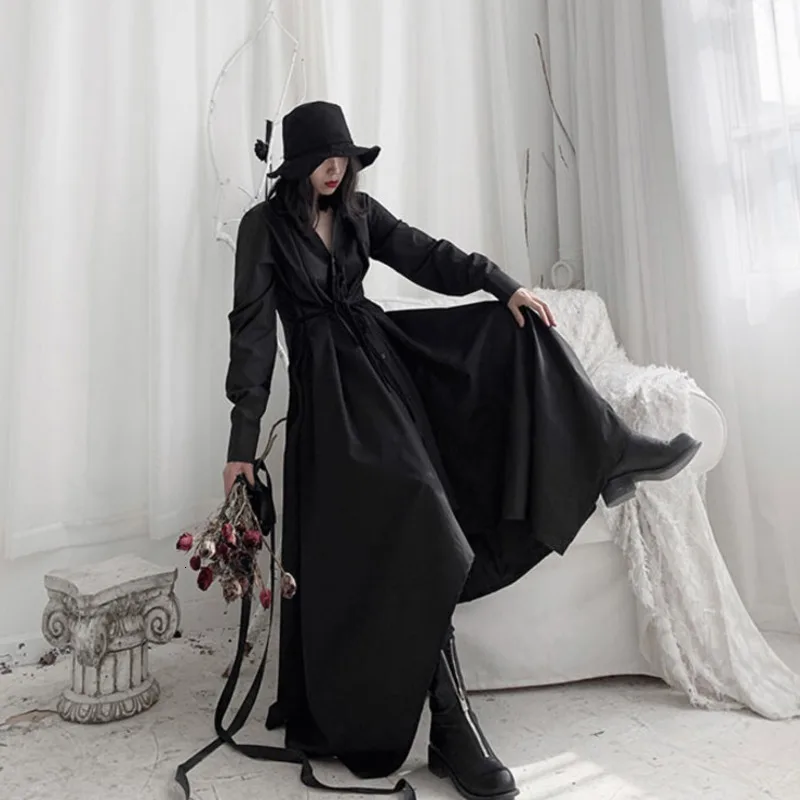 [EAM] Женская Черная Асимметричная Длинная блузка, новая свободная рубашка с отворотом и длинным рукавом, модная весенняя Осенняя 19A-a534