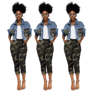 

Tsuretobe Patchwork Camouflage Cropped Jean Jacket Women Autumn Long Sleeve Denim Jacket Causal Short Denim Coat Female Outwear
