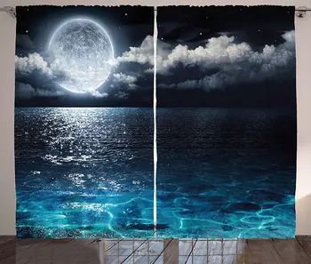 

Night Sky Curtains Full Moon and Foggy Clouds with Turquoise Glass Like Sea Ocean Print Living Room Bedroom Window Curtain Blue