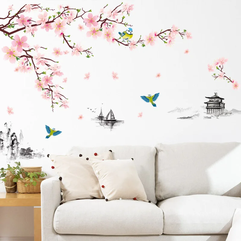 Tree Branch and Bird 3D Pink Removable Peach Plum Cherry Blossom Flower Butterfly Vinyl Art Decal Wall Home Sticker Room Decor | Дом и сад