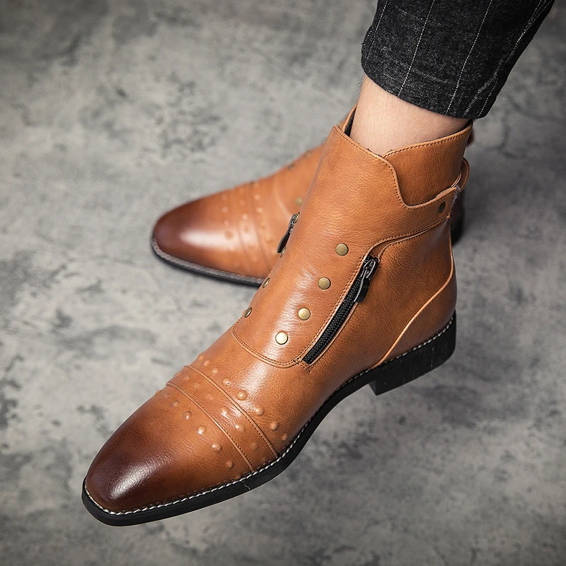

Mens Boots Genuine Leather New Fashion Vintage British Leather Shoes Casual Double Zip Ankle Boots Business Dress Chelsea Boots