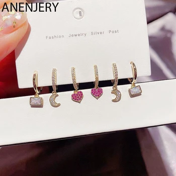 

ANENJERY Delicate Jewelry 6 Pieces Earring Love Heart Square Moon Hoop Earrings for Women Girl Colorful Fashion Jewelry S-E1291