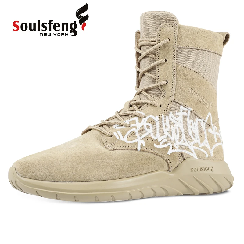 

Soulsfeng Plus Size High Top Sand Color Graffiti Desert Boots Men Non-Slip Lightweight Combat Boots Women Zipper Hiking Shoes