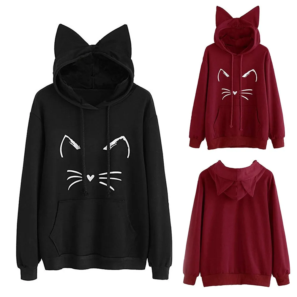 Jaycosin Womens Cat Ear Solid Long Sleeve Hoodie Sweatshirt Special Casual Cool Chic Print Cute Hooded Pullover Tops Blouse