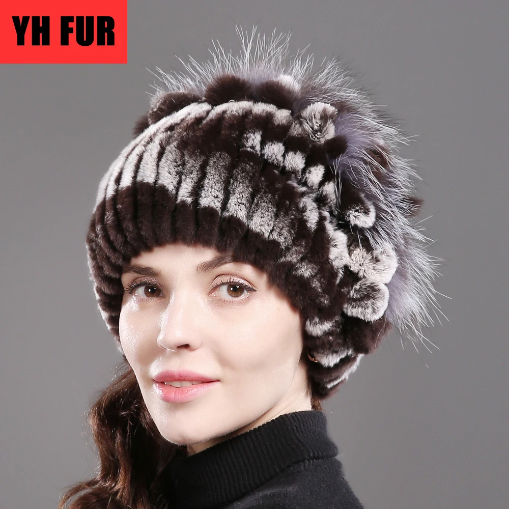 2021 New Style Real Genuine Rex Rabbit Fur Cap Russia Winter Knitted Hat Women Warm | Аксессуары для одежды