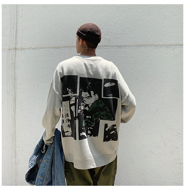 Autumn And Winter New Youth Male Printed Knit Sweater Fashion Casual Loose Pullover White Gray Khaki / Military Green S-XL