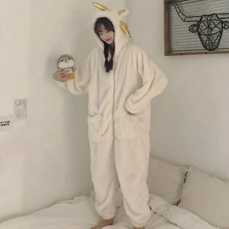 

women's pajama girls cute sleepwear fleece unicorn pajamas casual home clothes women zip-up one piece overalls hooded loungewear