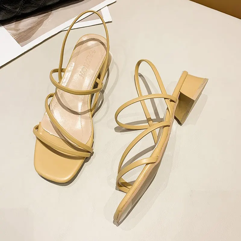 

2021 Summer Classics Thin Strap Sandals Ladies Fashion Elegant Square Heels Sandals For Women White Yellow Shoes Women Party