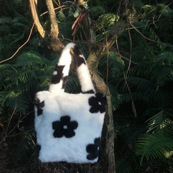 

plush cartoon handbags winter shoulder bag cute Flowers houndstooth pattern hand bag women solid color ladies bag tote gift bag