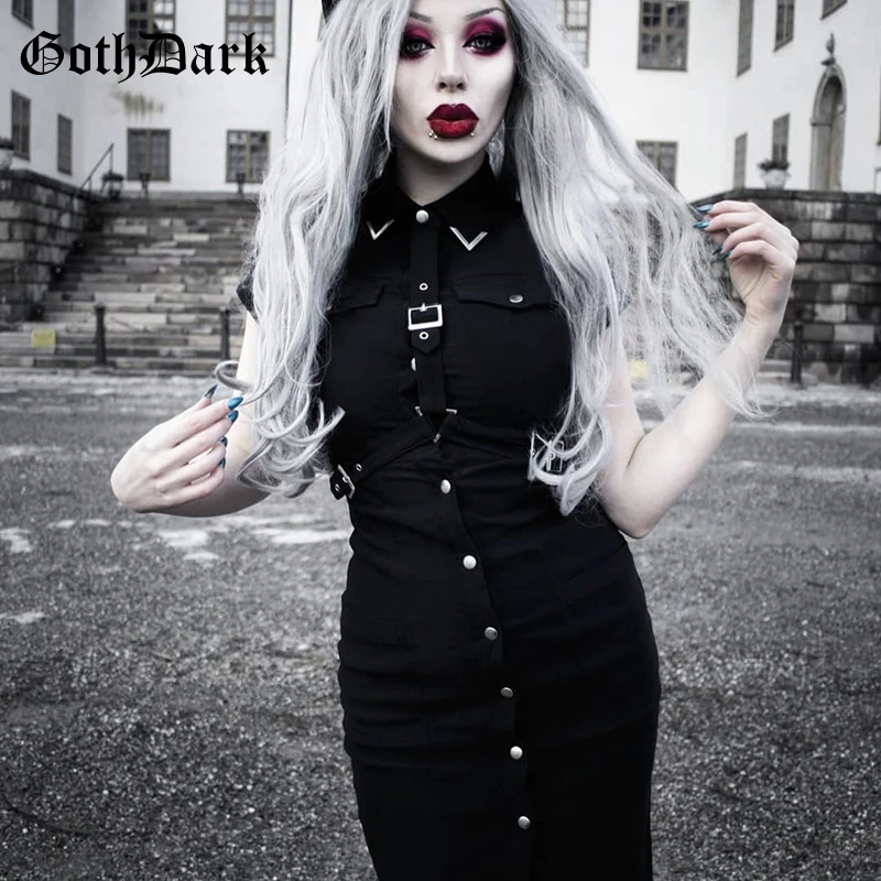 Baratos Goth Dark Grunge vestidos sólidos para mujeres gótico Patchwork bolsillos empalme botón Mujer vestido 2019 hebilla Punk moda negro Chic