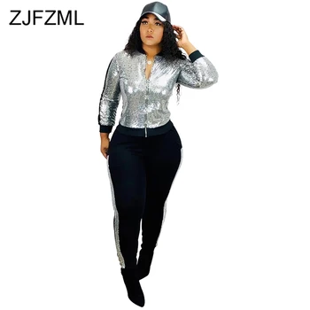 

Sequins Spliced Sporty 2 Piece Tracksuits Women Set Long Sleeve Zipper Up Bomber Jacket and Skinny Trousers Festival Two Piece