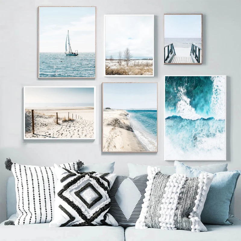 landscape Art Canvas Painting Nordic Posters Sea Bridge Reed Beach Sailboat Quote And Prints Wall Pictures For Living Room Decor | Дом и сад