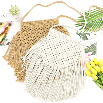 

New Retro Fringed Straw Braided Cotton Woven Beach Shoulder Bag Casual Tassel Messenger Bags