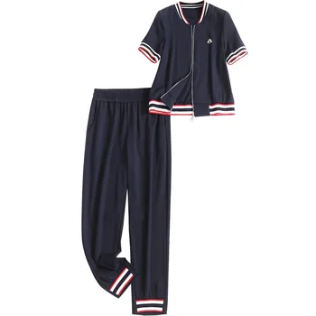 

Designer Women Spring Summer Cute Striped Short Sleeve Zipper Jacket Coat + Pants Two Piece Set Female Fashion Suit