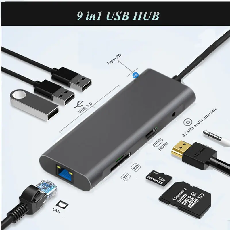 Концентратор Type C USB 3 0 с HDMI RJ45 PD Charge SD TF Card Reader концентратор разъемом типа для Macbook