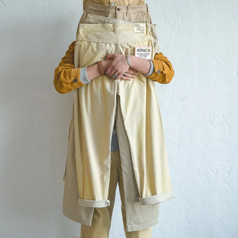

Maden Men's Cotton Vintage Khaki Old Wide Leg Pants Pendant Solid Color Straight Trousers