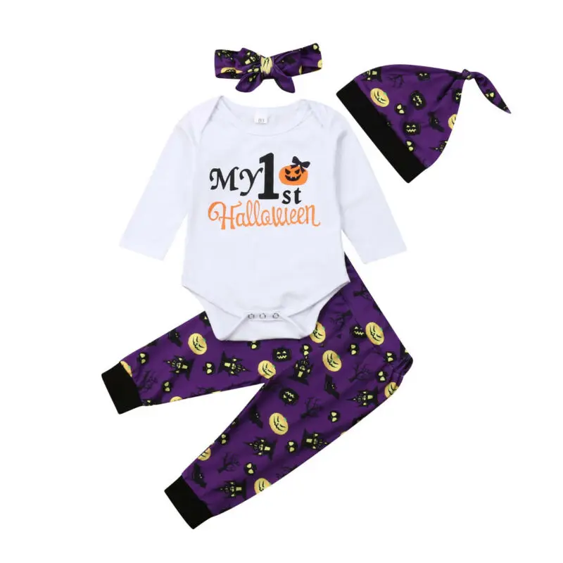 Lovely My 1st Halloween Costume Newborn Baby Girl Boy Pumpkin Romper Tops Pants Hat Outfits Set