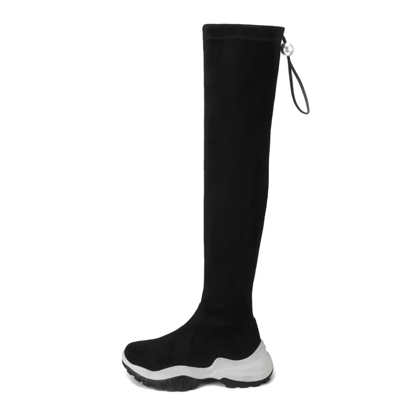 Meotina Winter Thigh High Boots Women Slim Stretch Flat Platform Over The Knee Boots Zipper Round Toe Shoes Lady Autumn Size 39
