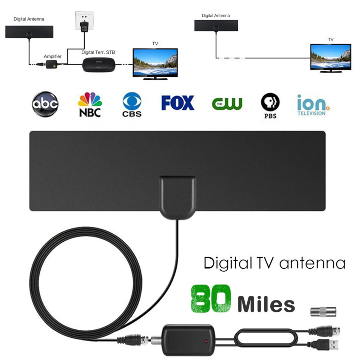 Цифровая ТВ антенна 80 милей диапазон Усилитель сигнала Усилитель HD tv Крытый 4K Горячий