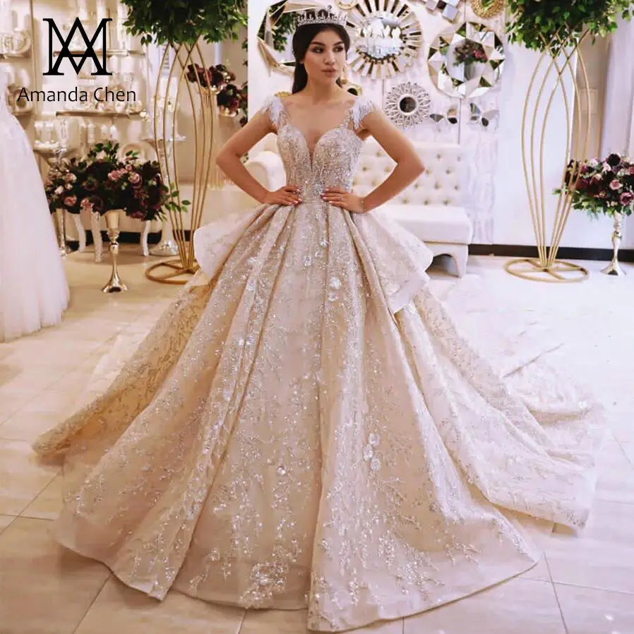 Шампанское Nikah elbisesi свадебное платье с коротким рукавом и кружевной аппликацией - Цвет: Шампанское