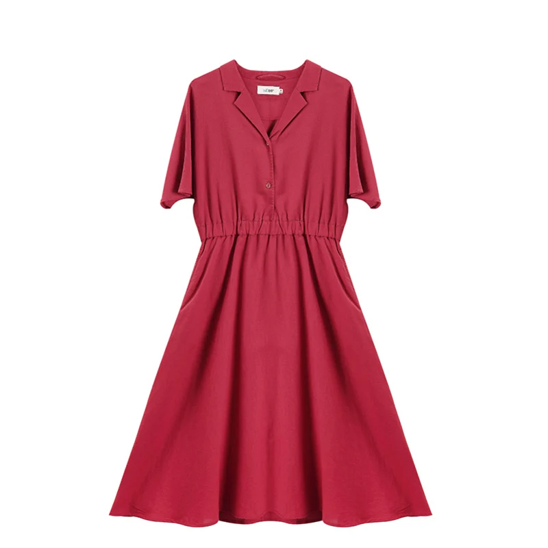 INMAN, Новое поступление, прозрачное льняное одноцветное платье с отложным воротником, с определенной талией, ТРАПЕЦИЕВИДНОЕ свободное повседневное женское платье - Цвет: Red